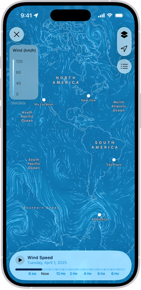 Ookeani tuulekaart täidab rakenduse Weather kuva. Ülemises vasakus nurgas on nupp Close Map ja Wind Map Overlay Scale. Ülemises paremas nurgas on (ülevalt alla) nupud Overlay Menu, Current Location ja Locations Allosas on ajajoon.