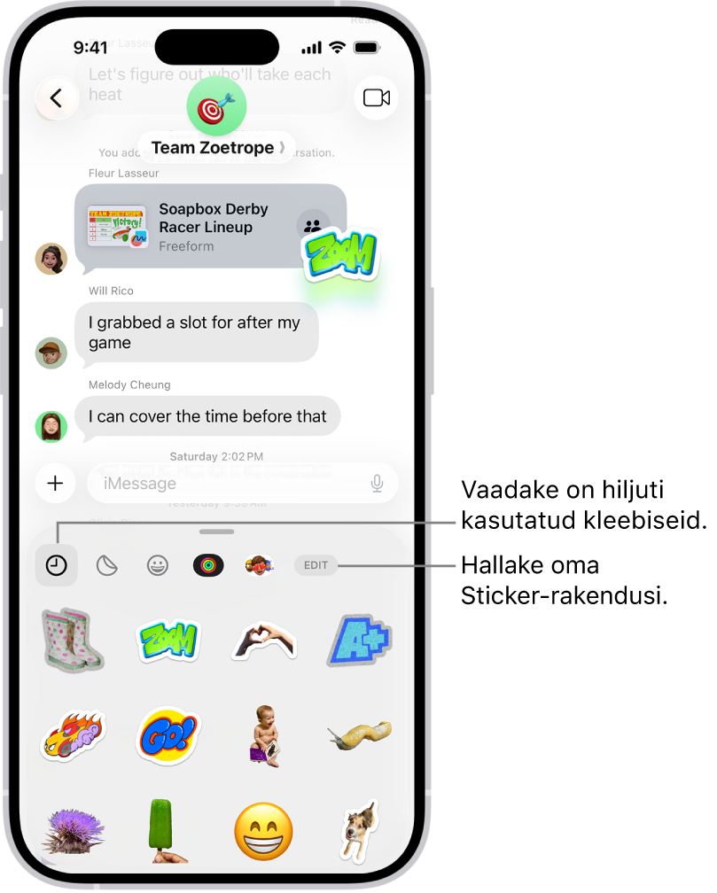 Kleebised kuvatakse vestluse all. Iga kaardi kohal olev nupp avab kleebisepaki.