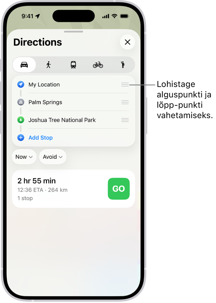 Kaart mitme erineva marsruudi sõidujuhistega asukoha My Location ja sihkoha vahel.
