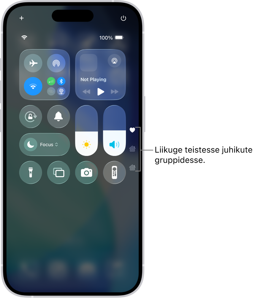 iPhone’i ekraanil on avatud Control Center, kus paremal on ikoonid teiste juhikute gruppide kuvamiseks.
