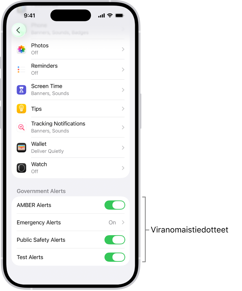 Ilmoitukset-näyttö, jossa näkyy Viranomaistiedotteet, jotka voit laittaa päälle viranomaistiedotteiden saamista varten.