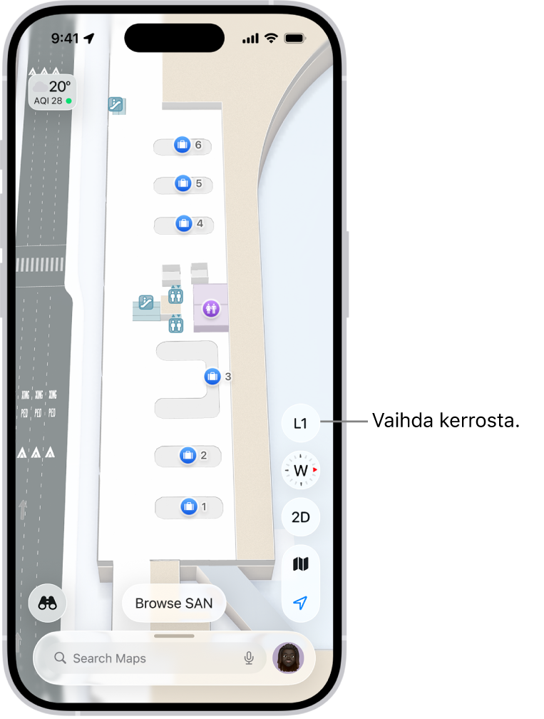 Sisätilojen kartta lentokentän terminaalista. Kohteissa on rajavalvontapiste, portaat, WC ja ensiapu. Voit muuttaa monikerroksisten karttojen tasoja L1-painikkeella (taso 1).