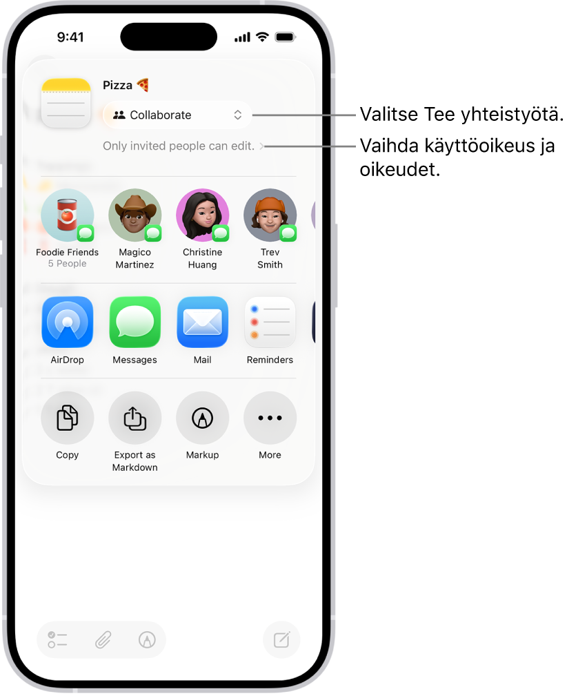 Yhteistyökutsu Muistiinpanoissa olevaan reseptiin. Kutsussa näkyy jakotoimintona yhteistyö ja ”Vain kutsutut voivat muokata” pääsy- ja käyttöoikeusasetuksena. Sen alapuolisella rivillä on neljä mahdollista vastaanottajaa, joissa on yksi ryhmä. Seuraavalla rivillä tarjotaan eri tapoja muistiinpanon jakamisen: AirDrop, Viestit, Mail ja Muistutukset.