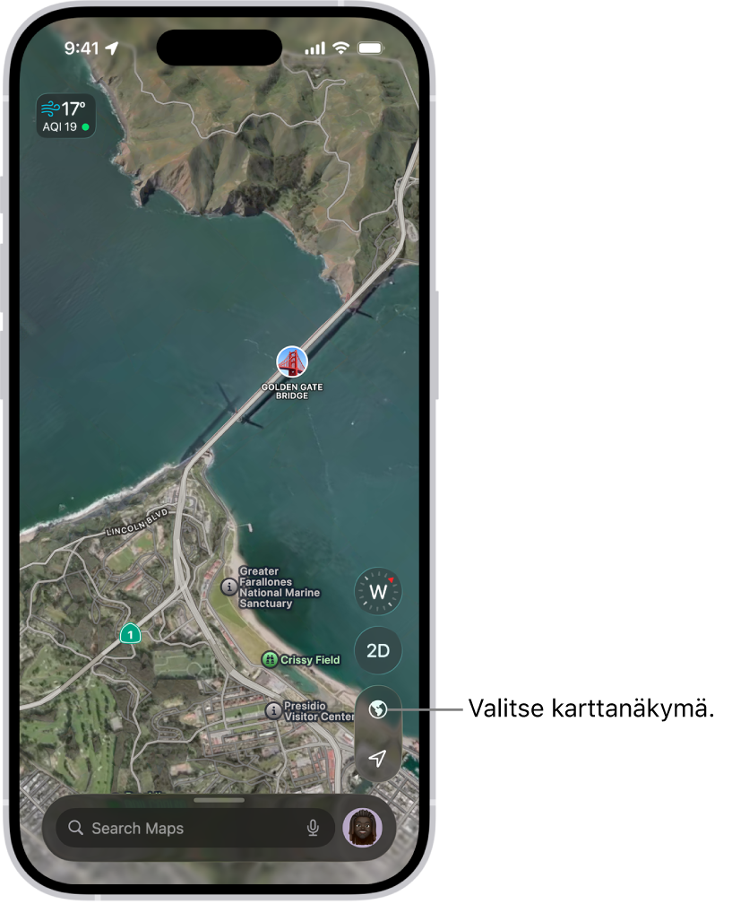 3D-kartta kadusta ja puistosta, näkyvissä on puita, kiintoisia paikkoja ja sijainteja, kuten WC:t.