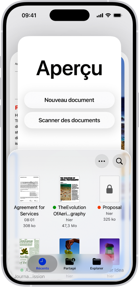 L’écran principal de l’app Aperçu. Les boutons « Nouveau document » et « Scanner des documents » se trouvent au centre de l’écran. En bas de l’écran se trouvent les onglets Récents, Partagés et Parcourir.