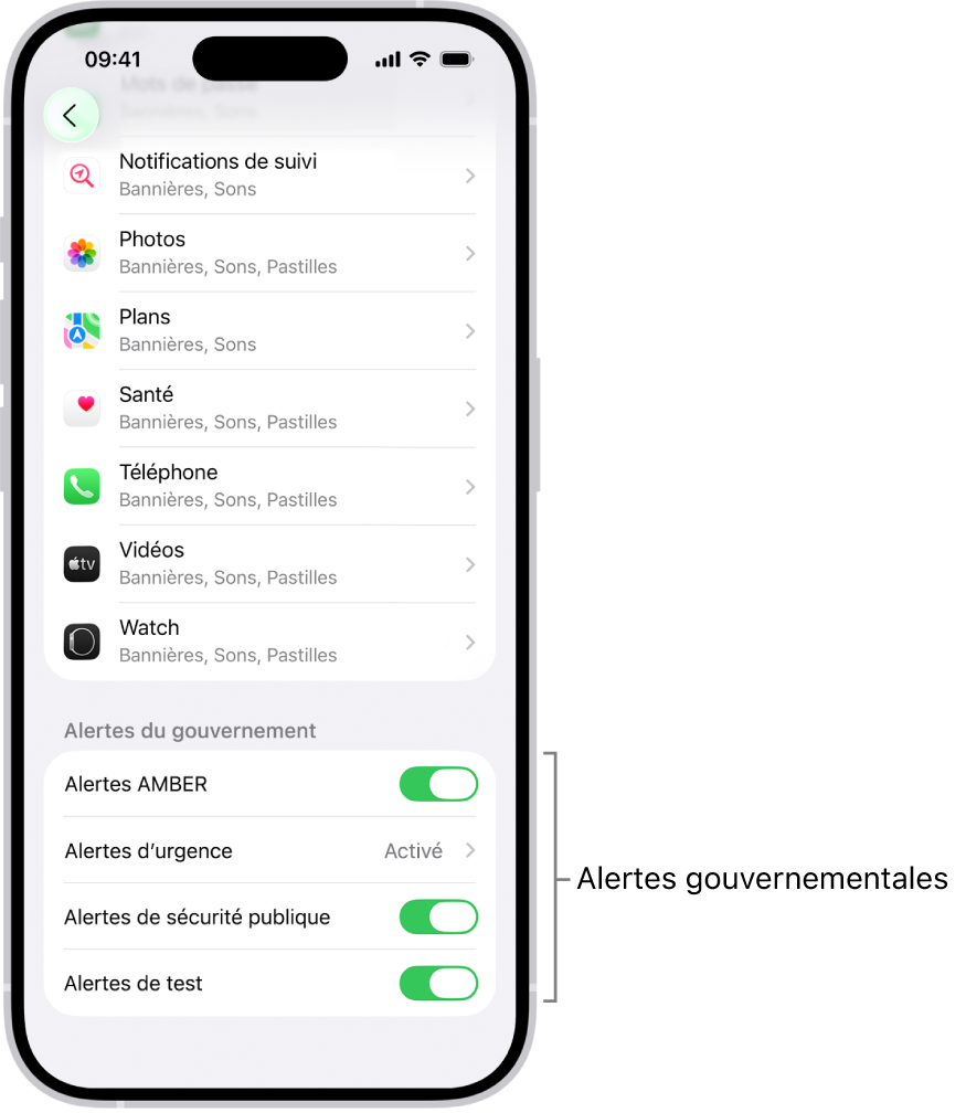 L’écran Notifications, affichant les alertes gouvernementales que vous pouvez recevoir si vous les activez.