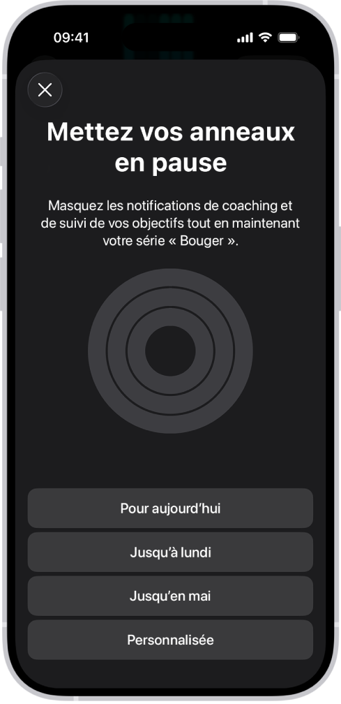 L’écran de mise en pause des anneaux dans l’app Forme, avec des options de mise en pause des anneaux Activité.