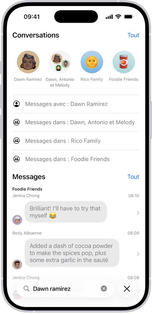Le champ de recherche dans l’app Messages s’affiche en bas de l’écran. Le champ de recherche contient le nom d’une personne et plusieurs options correspondant à la recherche s’affiche au-dessus.