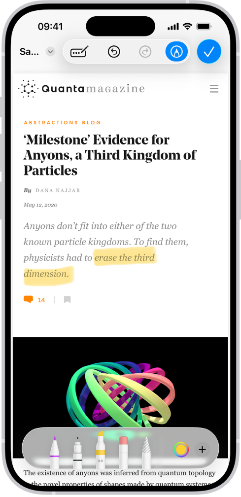 L’utilisateur annote le PDF d’une page web avec les outils d’annotation, qui se trouvent en bas de l’écran. Une sélection est mise en surbrillance sur la page web.