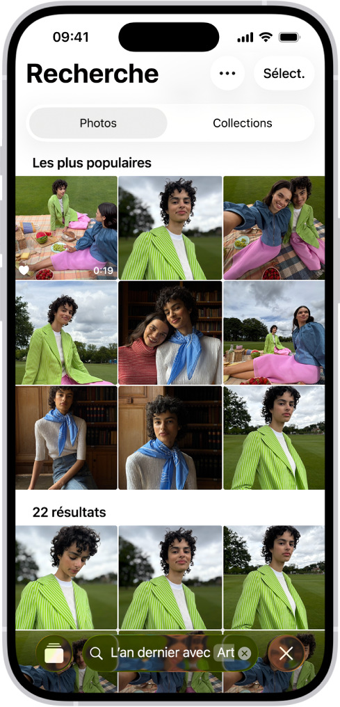 iPhone affichant des photos dans l’app Photos. Une barre de recherche avec une description s’affiche en bas de l’écran.