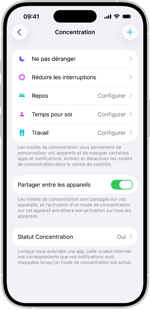 Un écran affichant cinq modes de concentration fournis : Ne pas déranger, Aucun message pendant les appels, Repos, Temps pour soi et Travail. L’option « Partager entre les appareils » est activée, ce qui permet d’utiliser les mêmes réglages de concentration sur tous vos appareils Apple.