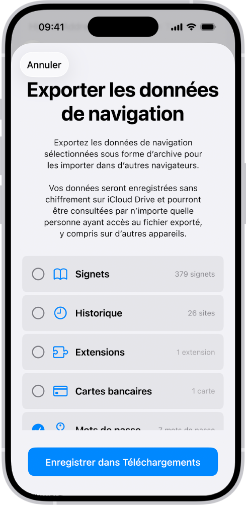 Écran Exporter les données de navigation avec l’option Mots de passe sélectionnée pour l’exportation dans un autre gestionnaire de mots de passe.