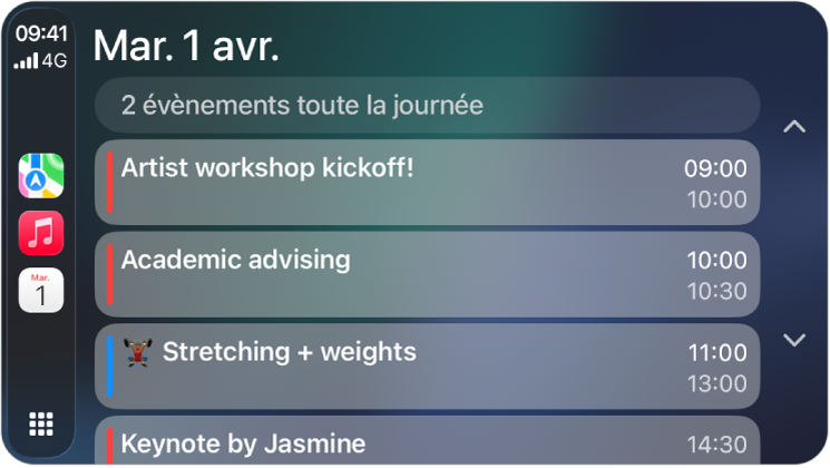 CarPlay affichant Plans, Musique et Calendrier dans la barre latérale. À droite se trouvent les évènements du lundi 5 juin : séance de travail sur le portefeuille, atelier sur les compétences de leadership, préparation de la présentation et répétition de la chorale.