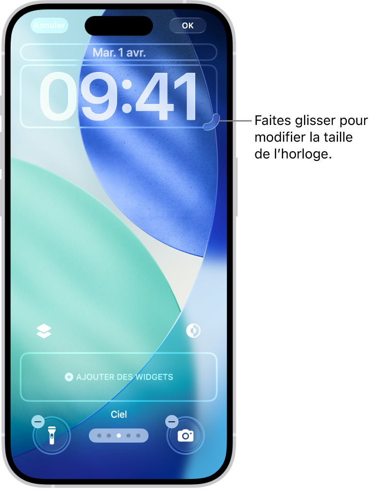 Un écran verrouillé personnalisé en cours de modification. Plusieurs éléments personnalisables sont sélectionnés : la date, l’heure, ainsi qu’un bouton permettant d’ajouter des widgets.