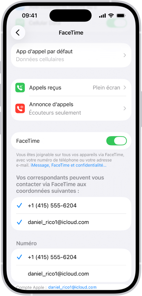L’écran Réglages FaceTime affichant l’option App d’appel par défaut, la commande permettant d’activer ou de désactiver FaceTime, et le compte Apple utilisé pour FaceTime.