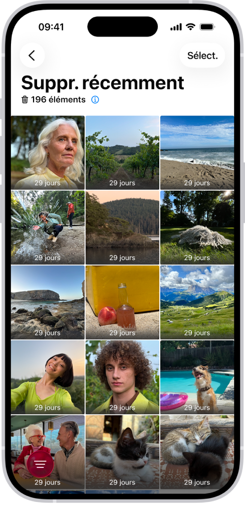 Le dossier « Supprimées récemment » dans l’app Photos. Les photos supprimées récemment s’affichent dans une grille sur l’écran.