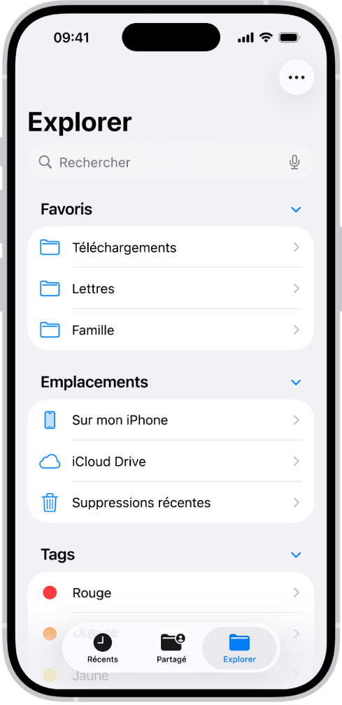 L’app Fichiers affichant plusieurs dossiers et emplacements nommés Téléchargements, Lettres, Famille, etc. En bas de l’écran se trouvent les boutons Fichiers récents, Fichiers partagés et l’onglet Parcourir.