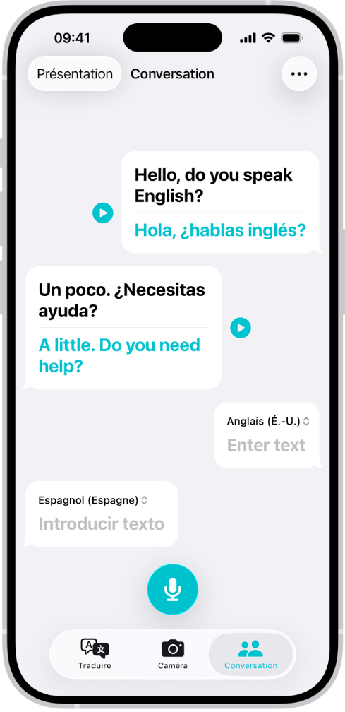 L’onglet Conversation, affichant des bulles de conversation et les traductions.