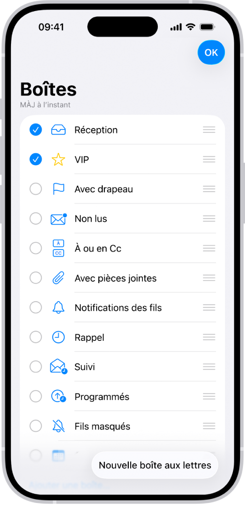 L’écran de modification Boîtes. Les boîtes facultatives sont indiquées de haut en bas avec une case à cocher à gauche de chaque option. Dans le coin inférieur droit de l’écran se trouve un bouton intitulé « Nouvelle boîte aux lettres ».