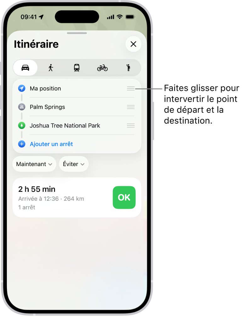 Un plan avec plusieurs itinéraires possibles en voiture entre « Ma position » et une destination.