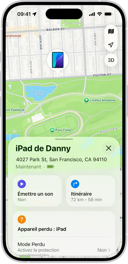 L’écran Localiser montrant la position d’un iPad sur un plan en haut de l’écran.