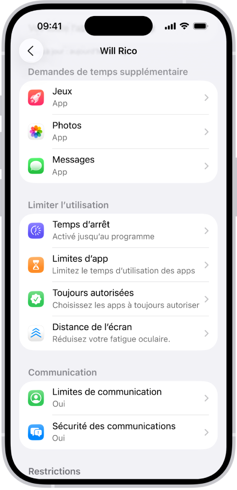 L’écran pour un enfant d’un groupe de partage familial, affichant une section pour les demandes de temps supplémentaire.
