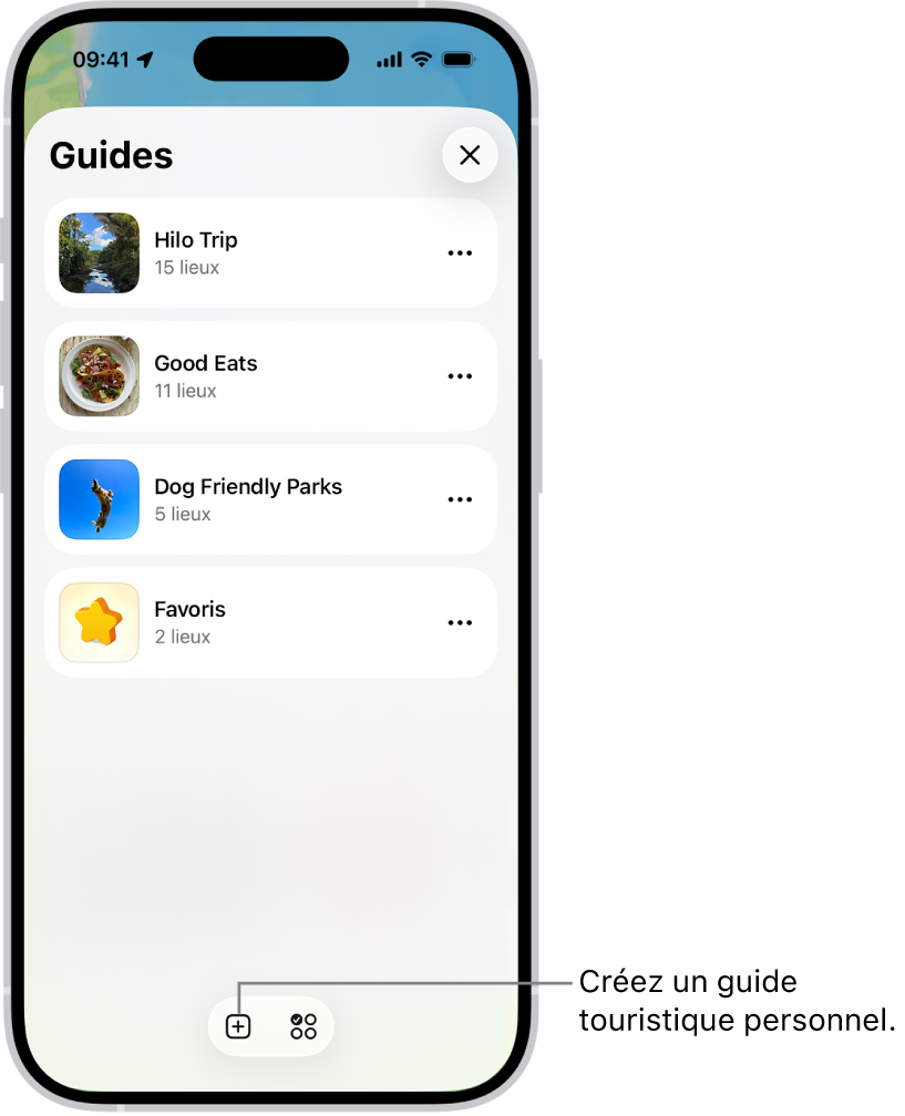 La liste de plusieurs guides personnalisés dans Plans, avec une catégorie Favoris et le bouton « Nouveau guide » en bas à droite.