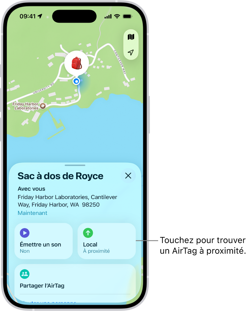 L’app Localiser ouverte, montrant les clés de Danny dans Golden Gate Park. Touchez le bouton Localiser pour rechercher un AirTag à proximité.