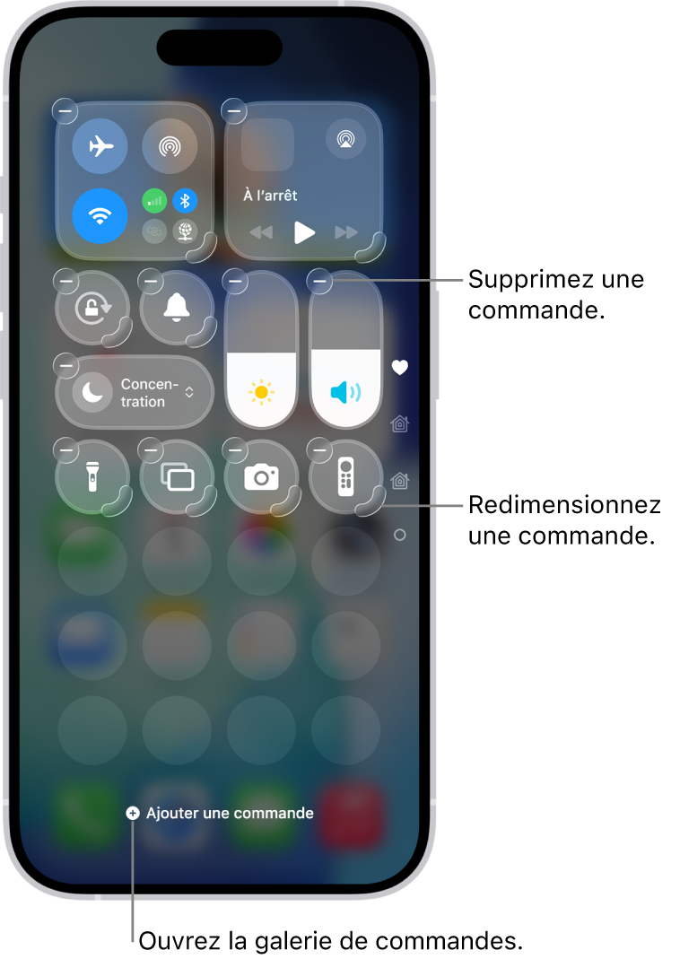 Le centre de contrôle en cours de modification, avec un bouton Supprimer et une poignée de redimensionnement pour chaque commande.