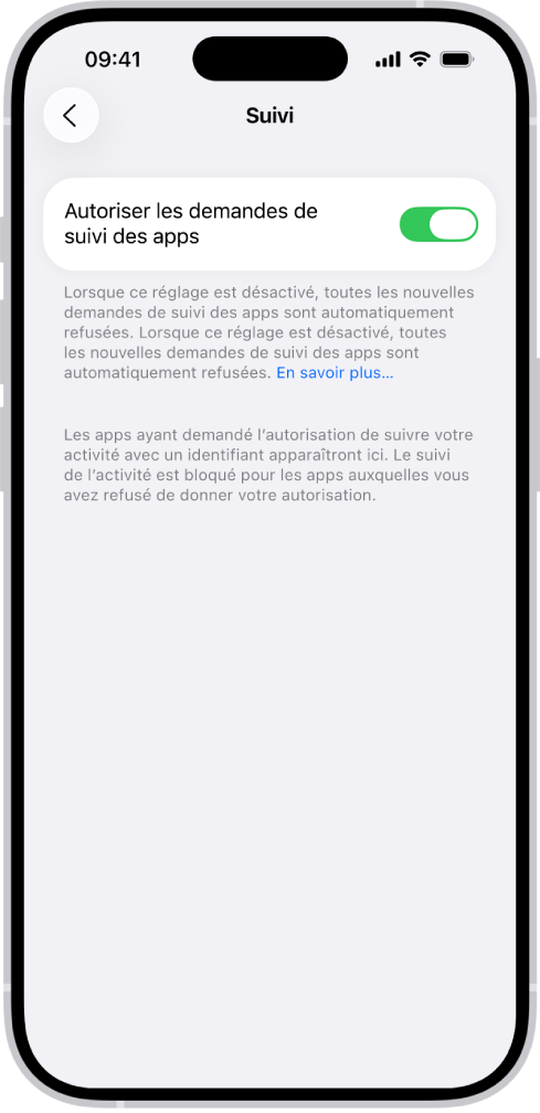 L’écran Suivi, avec un réglage permettant de contrôler les apps pouvant demander à faire un suivi de l’utilisateur sur des sites Web ou dans des apps appartenant à d’autres entreprises.