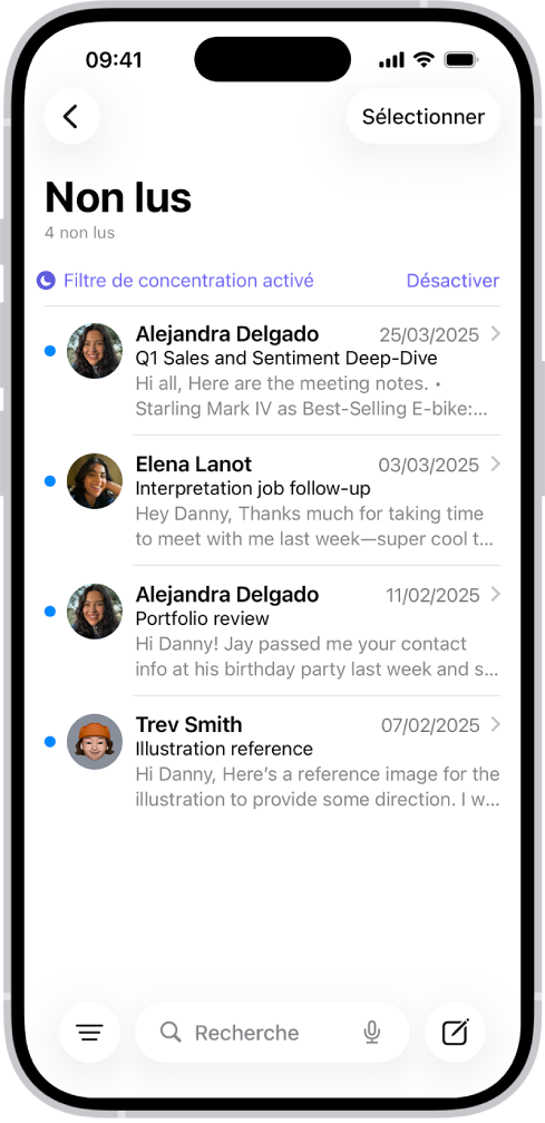 La boîte de réception affichant une liste de messages. Au-dessus de la liste des messages se trouve l’étiquette « Filtré par mode de concentration » et, à droite de celle-ci, la mention Désactiver.