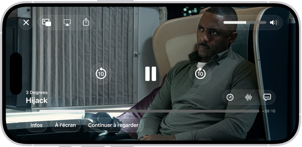 Une série TV est en cours de diffusion, et des commandes sont visibles. Les boutons Fermer, « Image dans l’image », AirPlay et Partager se trouvent en haut à gauche. Le curseur de volume se trouve en haut à droite. Au centre se trouvent des boutons permettant de reculer de 10 secondes, de faire une pause et d’avancer de 10 secondes. En bas, au centre, se trouve un curseur que vous pouvez faire glisser pour ajuster la position de la vidéo ; le temps écoulé et le temps restant apparaissent de part et d’autre du curseur. En bas à droite se trouvent les boutons Infos, À l’écran et Continuer à regarder.