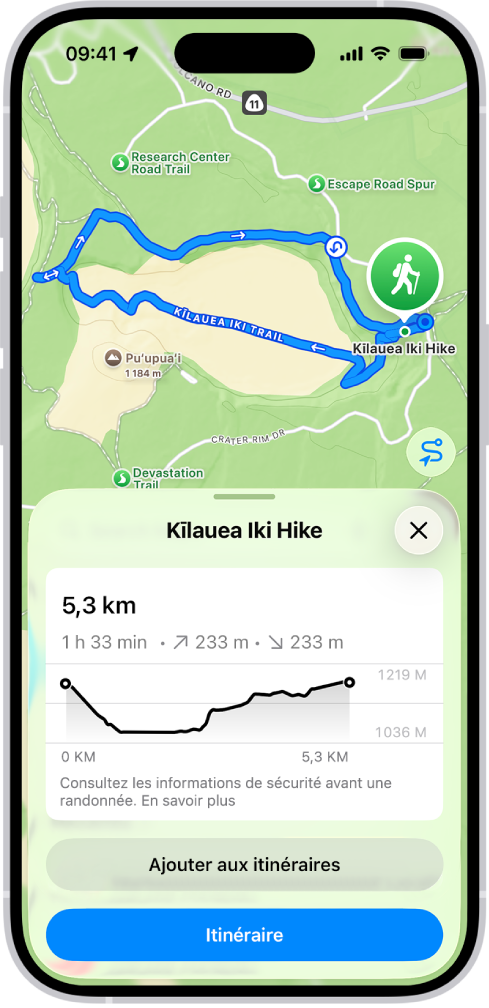 Une vue d’ensemble d’une randonnée téléchargeable, avec la distance, le profil de dénivelé, la durée estimée, ainsi que des options pour enregistrer la randonnée ou afficher l’itinéraire jusqu’au début du sentier.