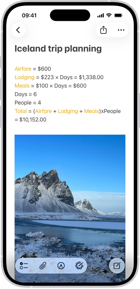 Une note de planification d’un voyage comprenant le calcul des dépenses et une photo.