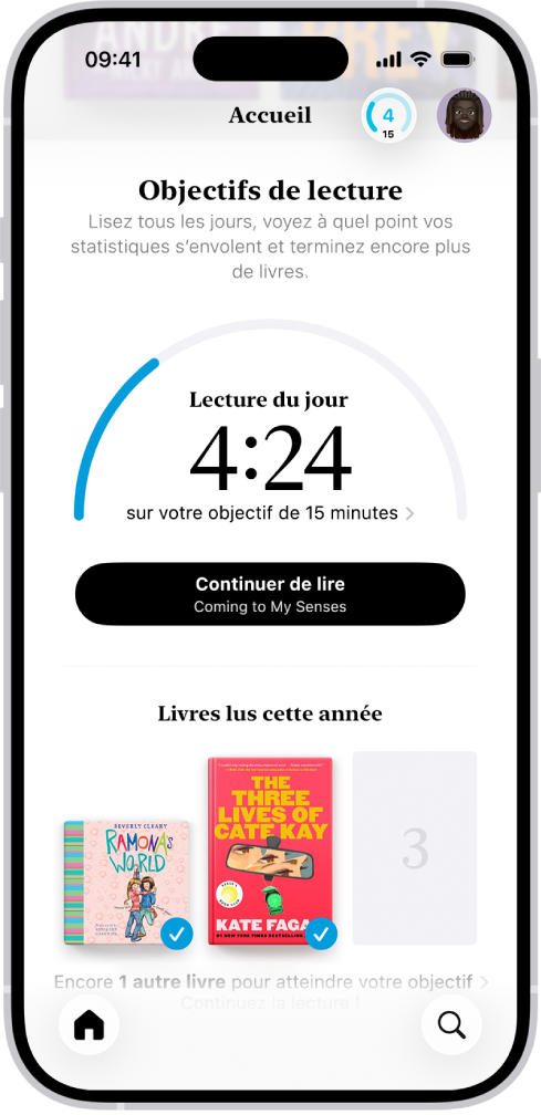L’écran « Objectifs de lecture » affiche les statistiques de l’utilisateur, telles que la lecture du jour, son historique de lecture pour la semaine et les livres lus cette année. Les onglets Accueil (qui est sélectionné), Bibliothèque, Librairie, Livres audio et Recherche se trouvent dans la partie inférieure de l’écran.