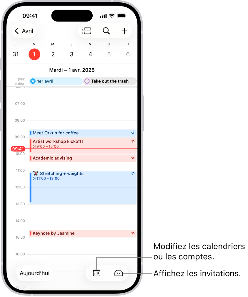 Un calendrier dans la présentation Jour affichant les évènements du jour. Le bouton Calendriers se trouve en bas de l’écran, au milieu, et le bouton Notifications se trouve en bas à droite.