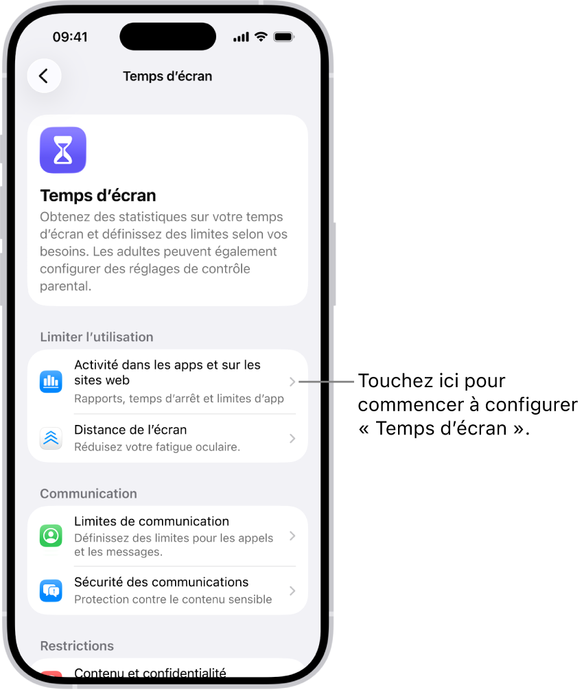 L’écran pour configurer Temps d’écran montrant que vous pouvez toucher Activité dans les apps et sur les sites web pour commencer.