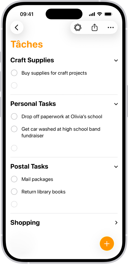 Une liste dans l’app Rappels affichant des rappels automatiquement classés par sections.