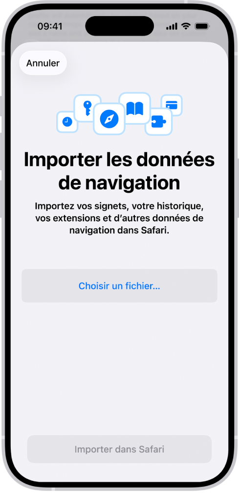 L’écran Importer les données de navigation, vous invitant à choisir un fichier à importer.