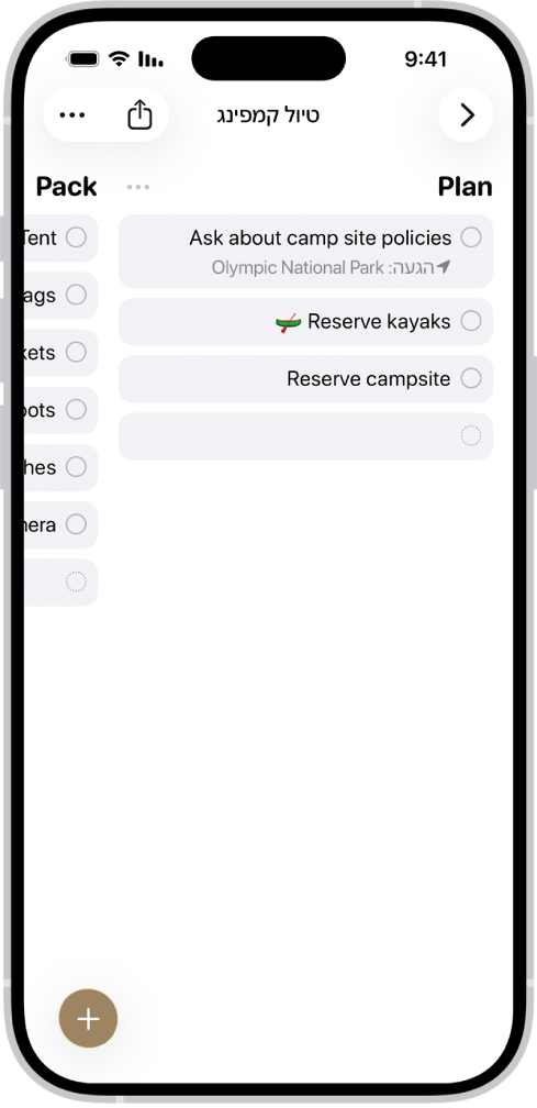 היישום ״תזכורות״, עם רשימה לקראת קמפינג שהקטגוריות שלה מסודרות בעמודות.