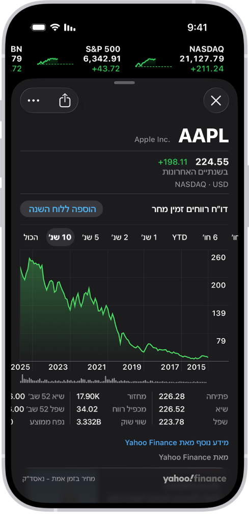 במרכז המסך מופיע תרשים שמציג את הביצועים של מניה במהלך עשור. מעל לתרשים מופיע עדכון על כך שהחברה מתכננת לשתף את דוח הרווחים שלה מחר, עם כפתור להוספת האירוע ללוח השנה.