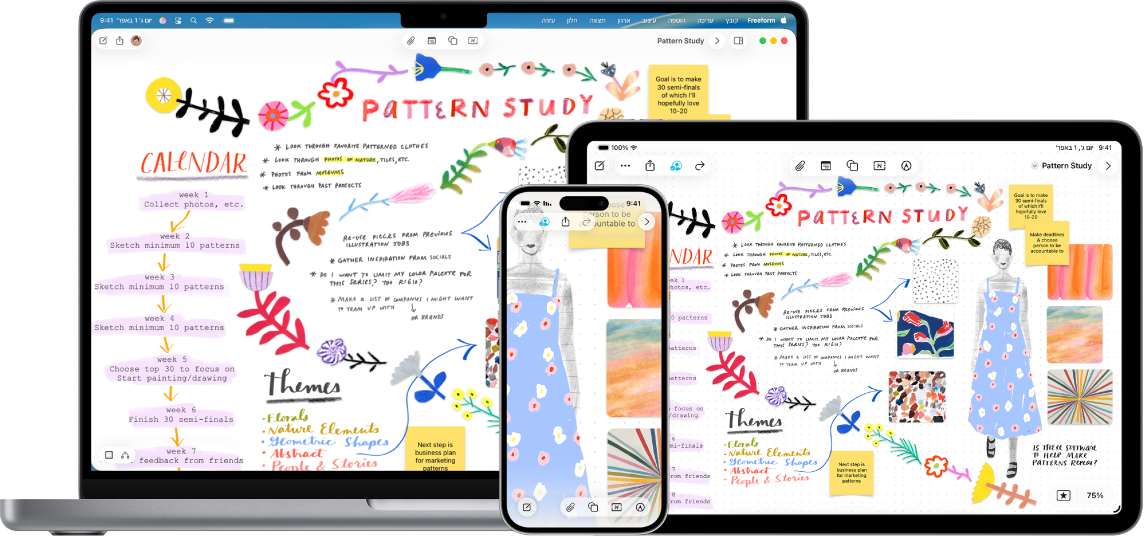 Mac, iPad ו-iPhone עם אותו לוח Freeform פתוח.