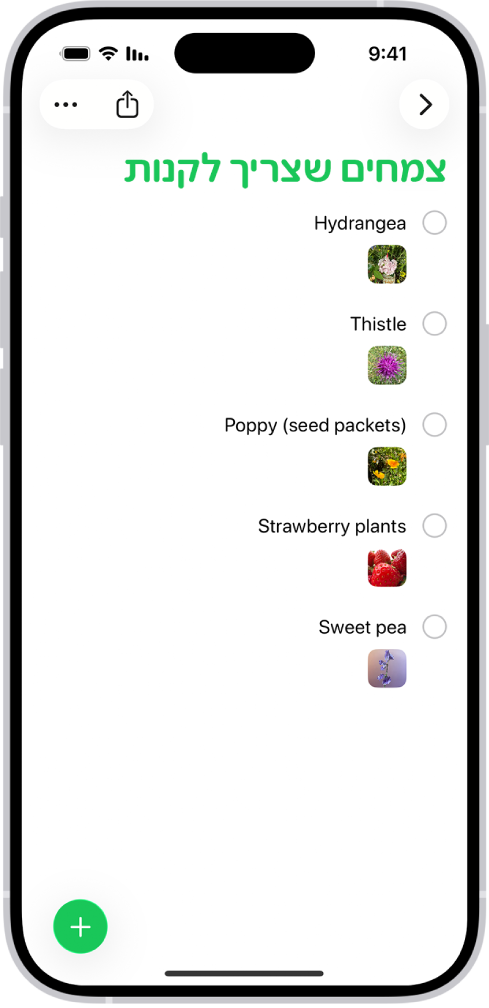 היישום ״תזכורות״ שמציג רשימה עם תמונות בכל תזכורת.