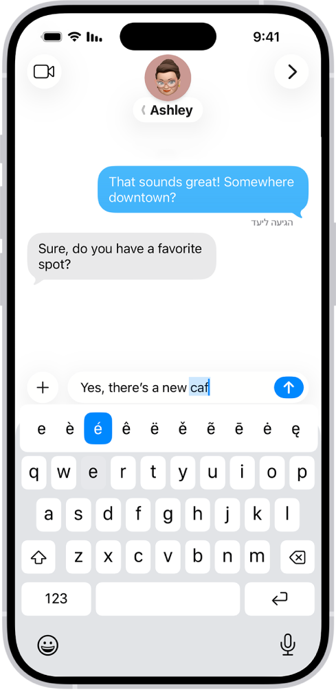 המקלדת על המסך מציגה את התווים החלופיים עם דגשים דיאקריטיים, שמופיעים בעת לחיצה על מקש E במקלדת.