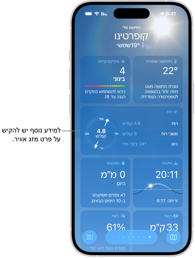 היישום ״מזג אוויר״ מציג את המיקום הנוכחי למעלה, ומתחתיו את הטמפרטורה ואת תנאי מזג האוויר עכשיו. בשאר חלקי המסך מופיעים פרטים לגבי מזג האוויר, כולל אינדקס UV, רוח ומשקעים.