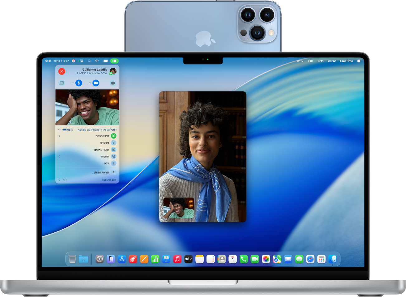 מחשב MacBook Pro שמשתמש ב-iPhone כמצלמת רשת, מציג שיחת FaceTime.