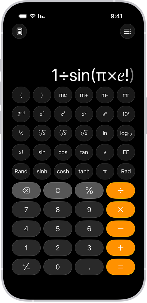 ה‑iPhone מציג את המחשבון המדעי עם פונקציות זיכרון, מעריכיות, לוגריתמיות וטריגונומטריות.