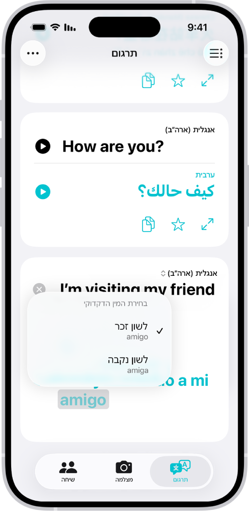 הכרטיסיה ״תרגום״ מציגה ביטוי שתורגם מאנגלית לספרדית ומתחתיו מילה עם מספר אפשרויות מגדר מודגשת באפור.