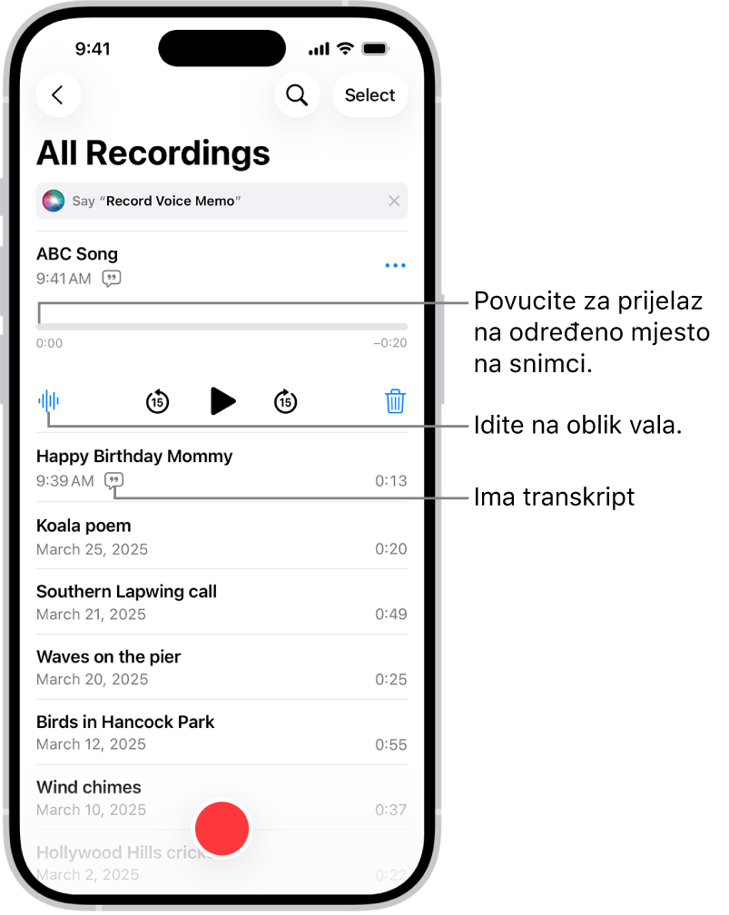 Zaslon s popisom Diktafona s odabranom snimkom na vrhu. Vremenska linija snimke ima kliznik reprodukcije koji možete povući do određenog mjesta u snimci. Kontrole reprodukcije nalaze se ispod vremenske linije.