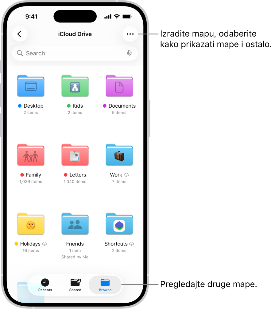 U aplikaciji Datoteke prikazuju se datoteke i mape na vašem iCloud Driveu. Izbornik Više sadrži opcije za odabir stavki, izradu nove mape, skeniranje dokumenata i spajanje na server. Ispod toga nalaze se opcije za prikaz stavki na zaslonu kao što su Ikone ili Popis. Pri dnu se nalaze opcije razvrstavanja za Naziv, Vrstu, Datum, Veličinu i Oznake nakon čega slijedi Prikaži opcije.